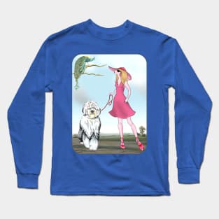 Young Lady with Peacock and Old English Sheepdog. Long Sleeve T-Shirt